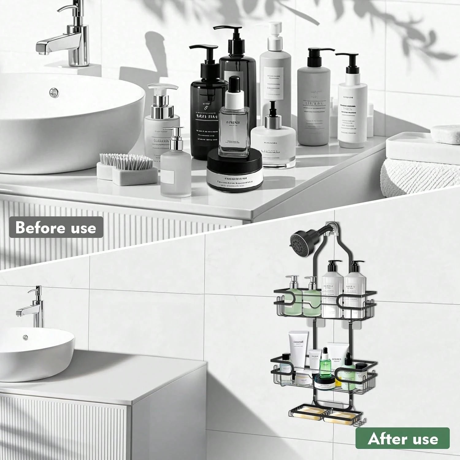1pc Bathroom Hanging Shower Organizer, Over Head Shower Caddy Shower Storage Rack Basket With Hooks For Razor And Sponge Rustproof