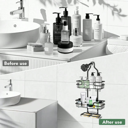 1pc Bathroom Hanging Shower Organizer, Over Head Shower Caddy Shower Storage Rack Basket With Hooks For Razor And Sponge Rustproof