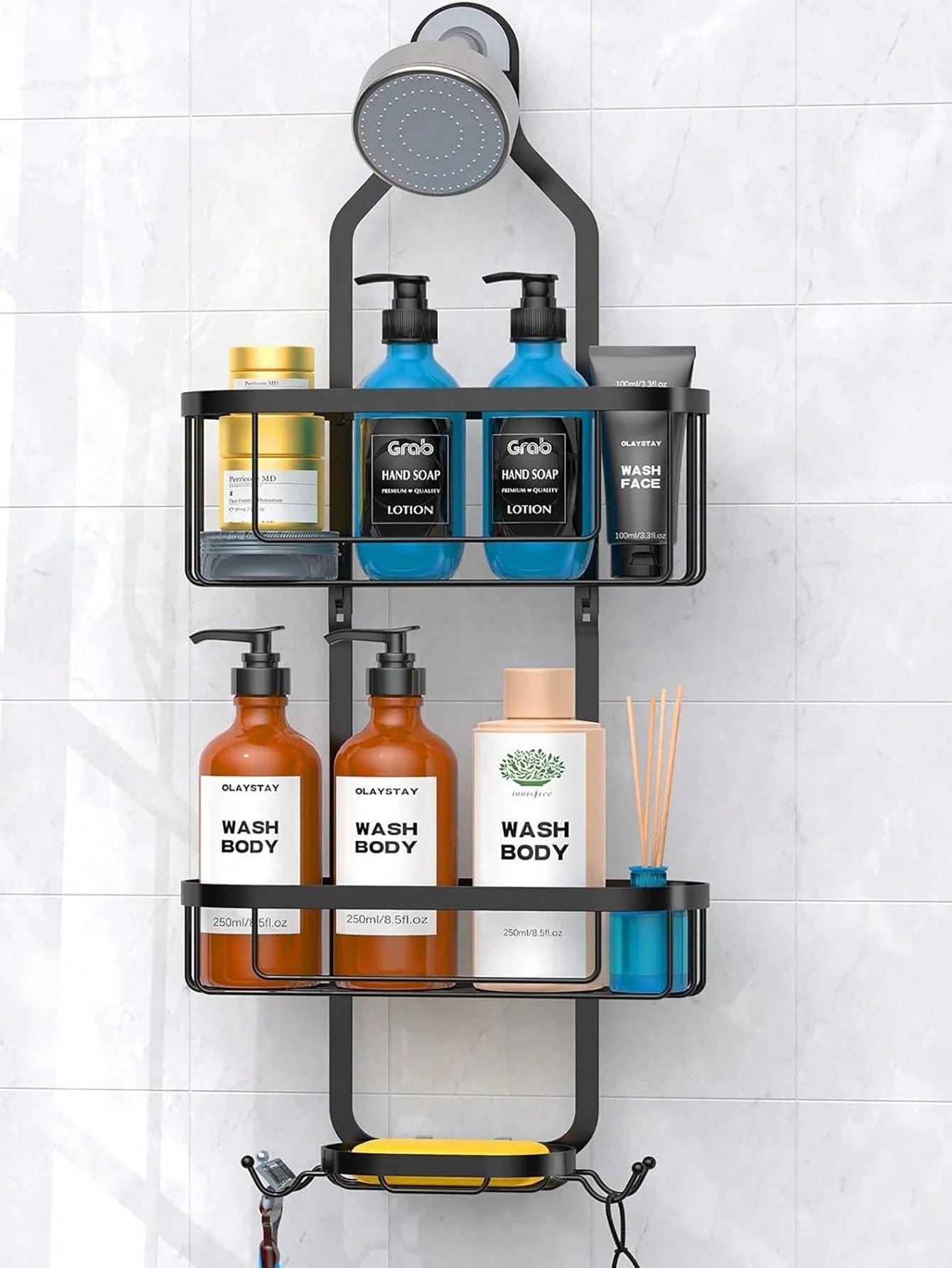 1pc Bathroom Hanging Shower Organizer, Over Head Shower Caddy Shower Storage Rack Basket With Hooks For Razor And Sponge Rustproof