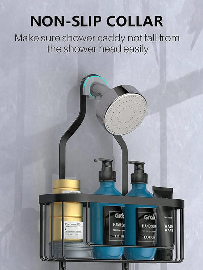 1pc Bathroom Hanging Shower Organizer, Over Head Shower Caddy Shower Storage Rack Basket With Hooks For Razor And Sponge Rustproof