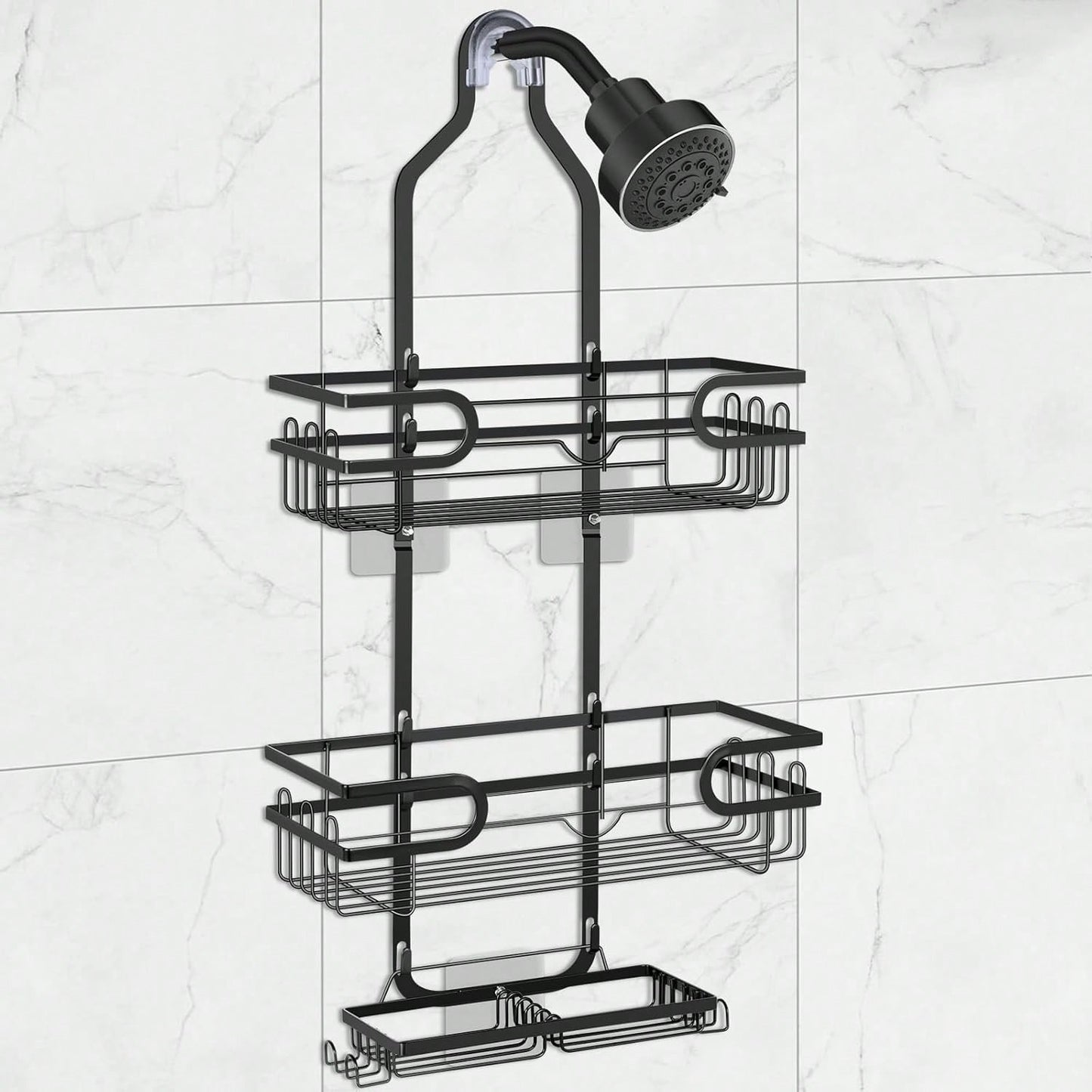 1pc Bathroom Hanging Shower Organizer, Over Head Shower Caddy Shower Storage Rack Basket With Hooks For Razor And Sponge Rustproof