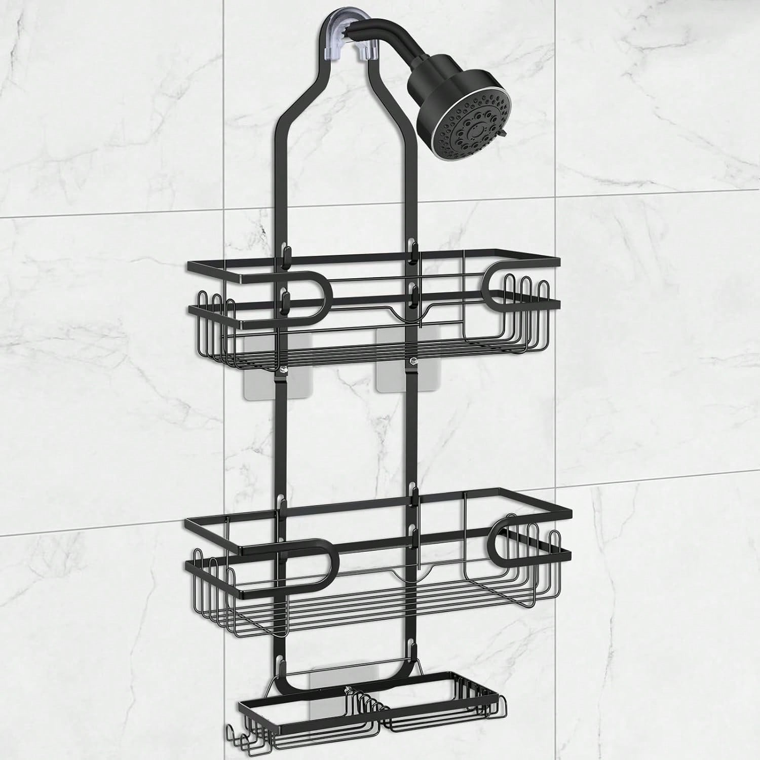 1pc Bathroom Hanging Shower Organizer, Over Head Shower Caddy Shower Storage Rack Basket With Hooks For Razor And Sponge Rustproof