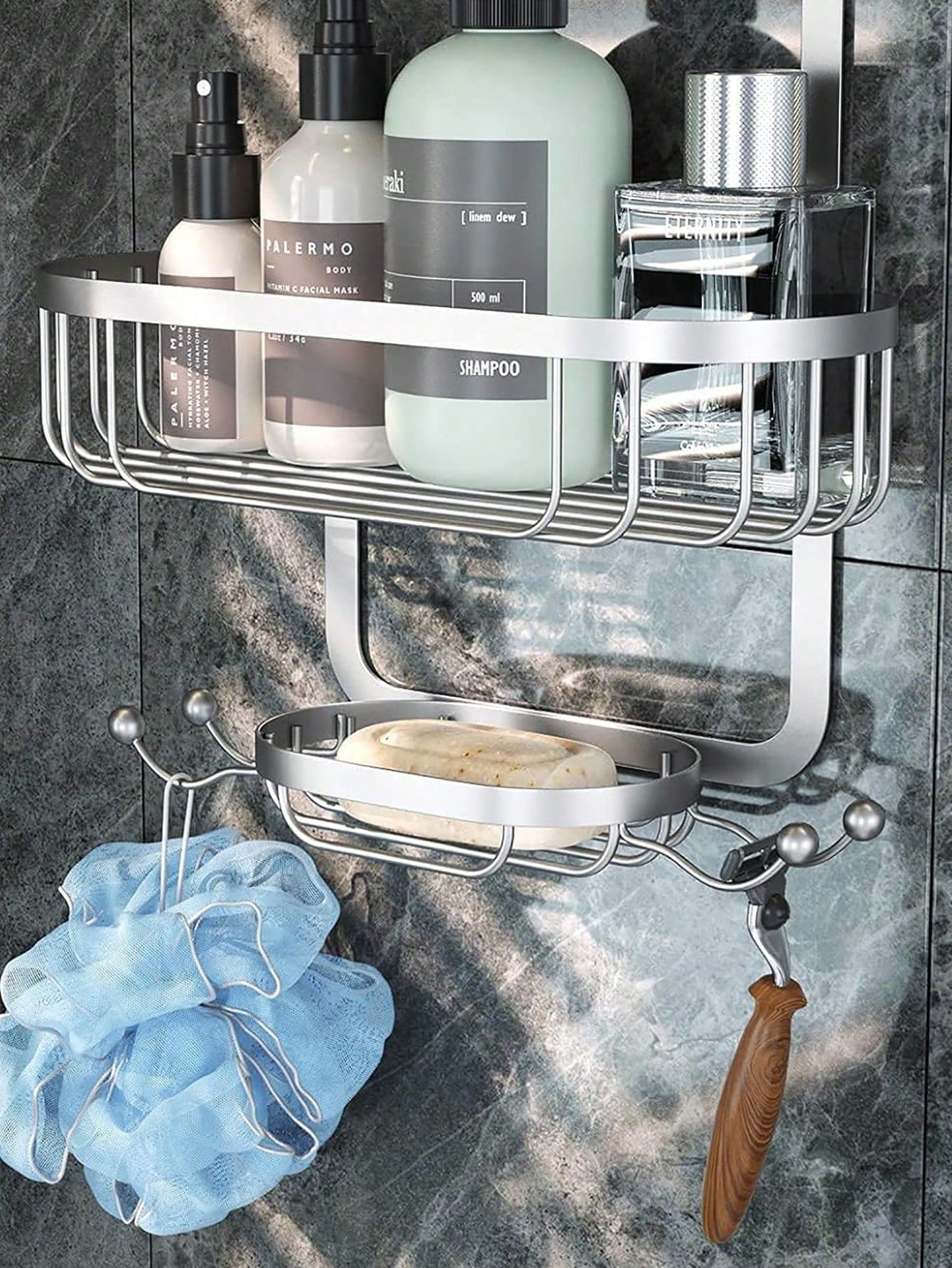 1pc Bathroom Hanging Shower Organizer, Over Head Shower Caddy Shower Storage Rack Basket With Hooks For Razor And Sponge Rustproof