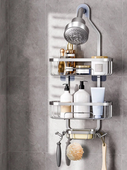 1pc Bathroom Hanging Shower Organizer, Over Head Shower Caddy Shower Storage Rack Basket With Hooks For Razor And Sponge Rustproof