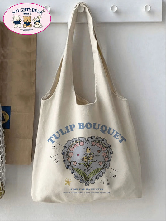 1pc Beige Fashionable Canvas Tote Bag With Letter & Flower & Tulip Print For Women,Ideal For Shopping,School Bag,Large Capacity,Portable,For Teen Girls Women College Students,White-Collar Workers,Perf