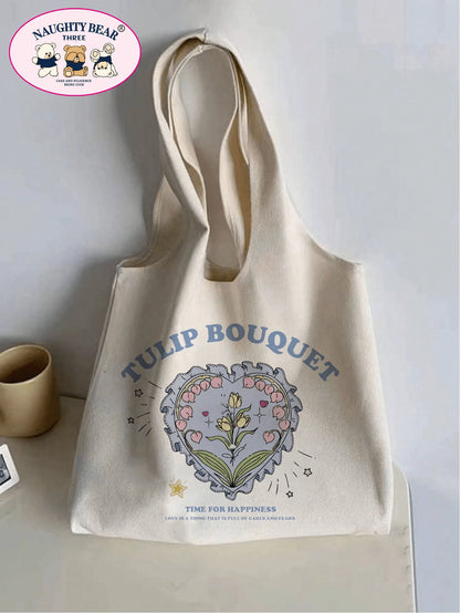 1pc Beige Fashionable Canvas Tote Bag With Letter & Flower & Tulip Print For Women,Ideal For Shopping,School Bag,Large Capacity,Portable,For Teen Girls Women College Students,White-Collar Workers,Perf