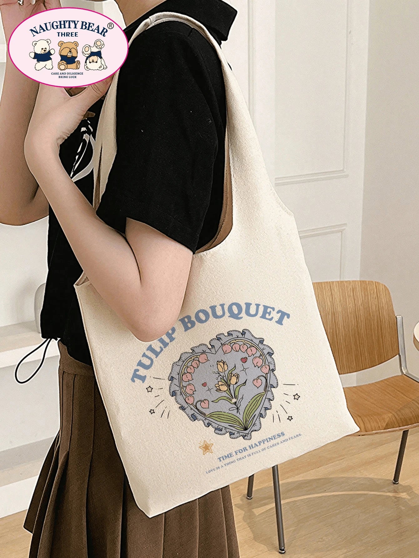 1pc Beige Fashionable Canvas Tote Bag With Letter & Flower & Tulip Print For Women,Ideal For Shopping,School Bag,Large Capacity,Portable,For Teen Girls Women College Students,White-Collar Workers,Perf