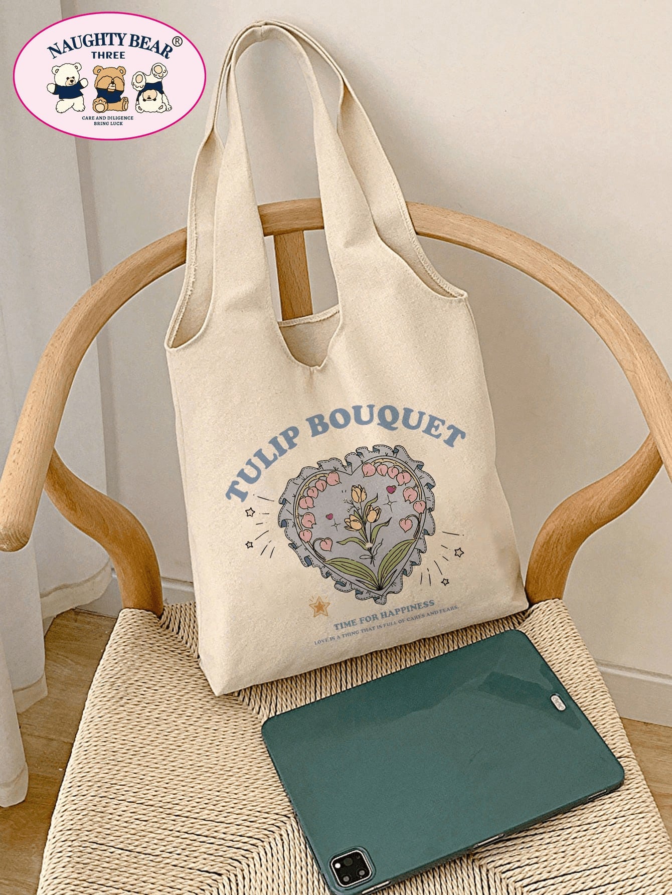 1pc Beige Fashionable Canvas Tote Bag With Letter & Flower & Tulip Print For Women,Ideal For Shopping,School Bag,Large Capacity,Portable,For Teen Girls Women College Students,White-Collar Workers,Perf