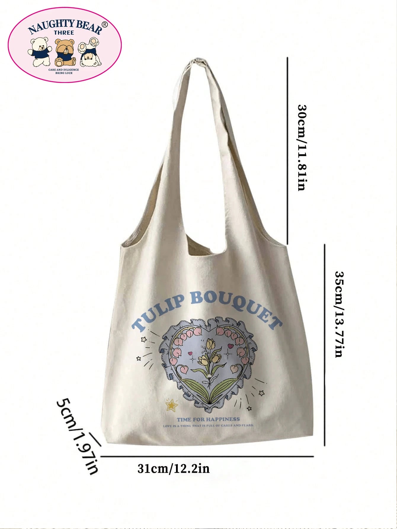 1pc Beige Fashionable Canvas Tote Bag With Letter & Flower & Tulip Print For Women,Ideal For Shopping,School Bag,Large Capacity,Portable,For Teen Girls Women College Students,White-Collar Workers,Perf