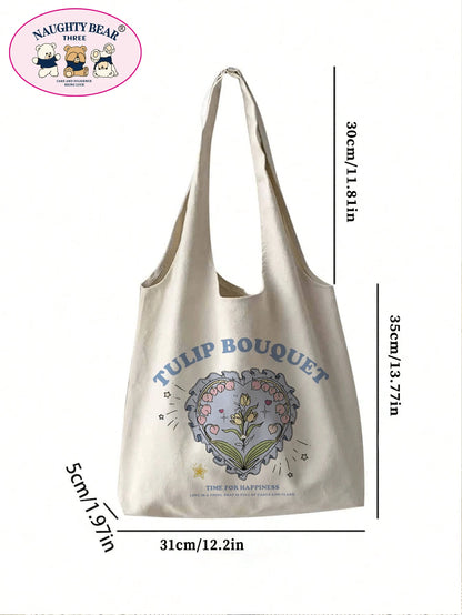 1pc Beige Fashionable Canvas Tote Bag With Letter & Flower & Tulip Print For Women,Ideal For Shopping,School Bag,Large Capacity,Portable,For Teen Girls Women College Students,White-Collar Workers,Perf