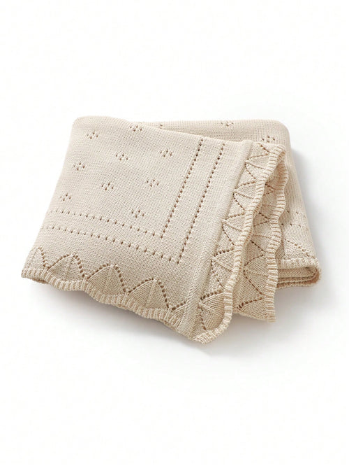 1pc Beige Knitted Baby Blanket With Perforated Texture + Wavy Edge, Gentle Children Blanket For All Seasons