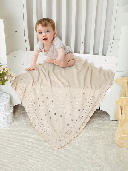 1pc Beige Knitted Baby Blanket With Perforated Texture + Wavy Edge, Gentle Children Blanket For All Seasons