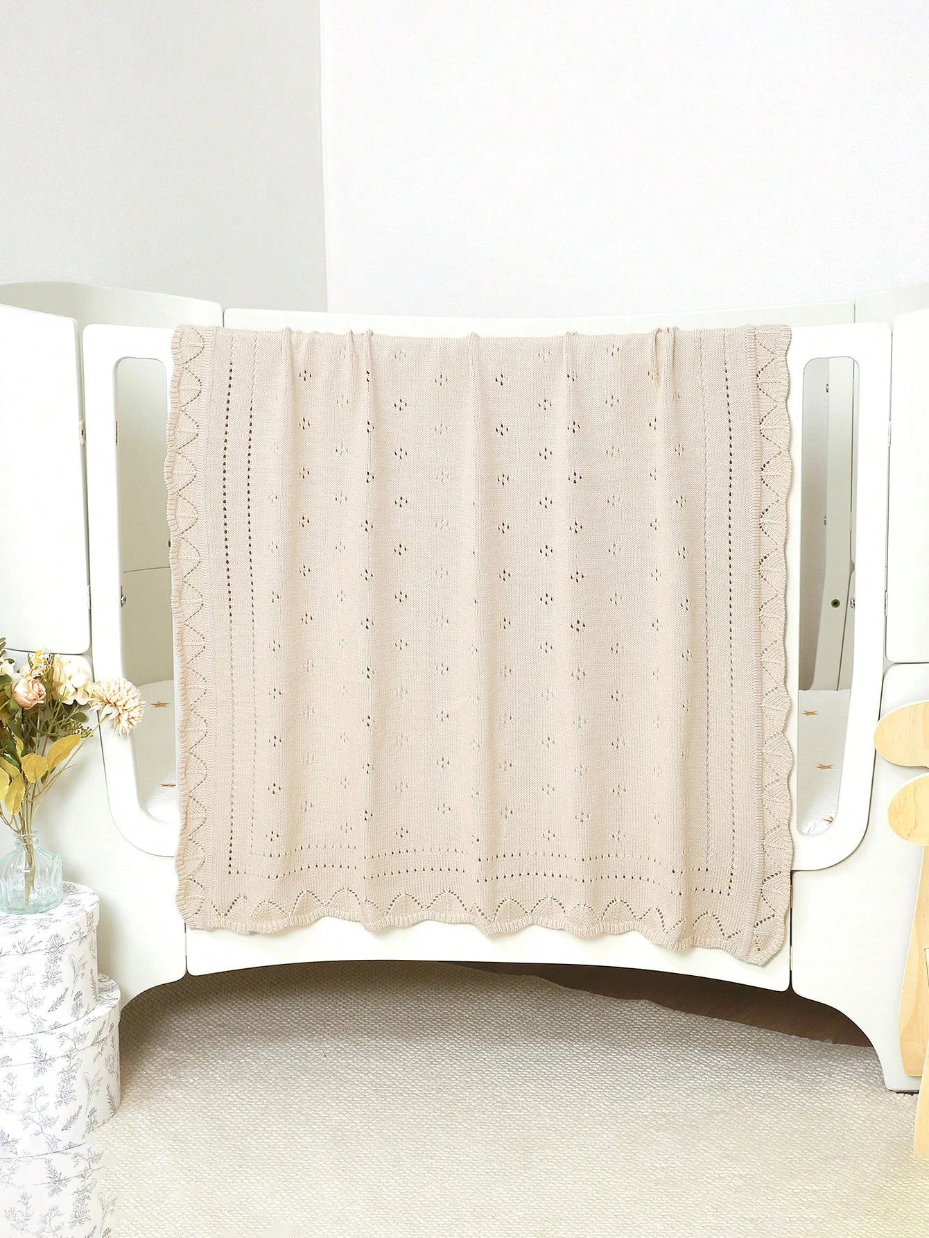 1pc Beige Knitted Baby Blanket With Perforated Texture + Wavy Edge, Gentle Children Blanket For All Seasons
