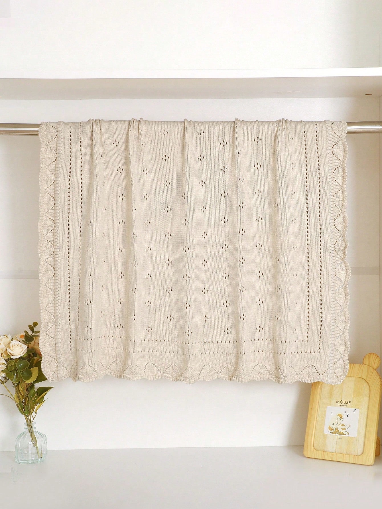 1pc Beige Knitted Baby Blanket With Perforated Texture + Wavy Edge, Gentle Children Blanket For All Seasons