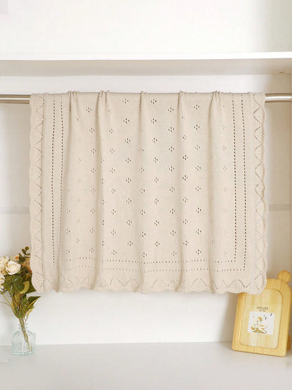 1pc Beige Knitted Baby Blanket With Perforated Texture + Wavy Edge, Gentle Children Blanket For All Seasons