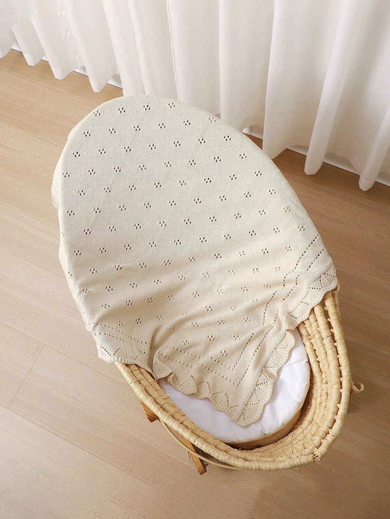 1pc Beige Knitted Baby Blanket With Perforated Texture + Wavy Edge, Gentle Children Blanket For All Seasons