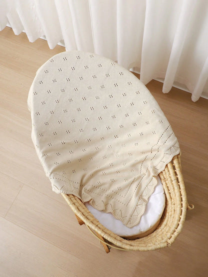 1pc Beige Knitted Baby Blanket With Perforated Texture + Wavy Edge, Gentle Children Blanket For All Seasons