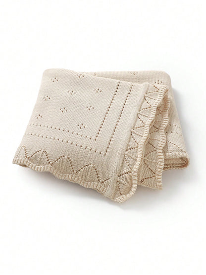 1pc Beige Knitted Baby Blanket With Perforated Texture + Wavy Edge, Gentle Children Blanket For All Seasons