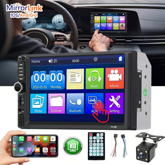 1Pc Black 7 Inch Car MP5 Player, HD Touchscreen Stereo Radio With Bluetooth, MirrorLink And Backup Camera. 45W*4 Power, Supports FM, USB, AUX & Steering Wheel Control, Universal 12V-24V Multimedia Uni