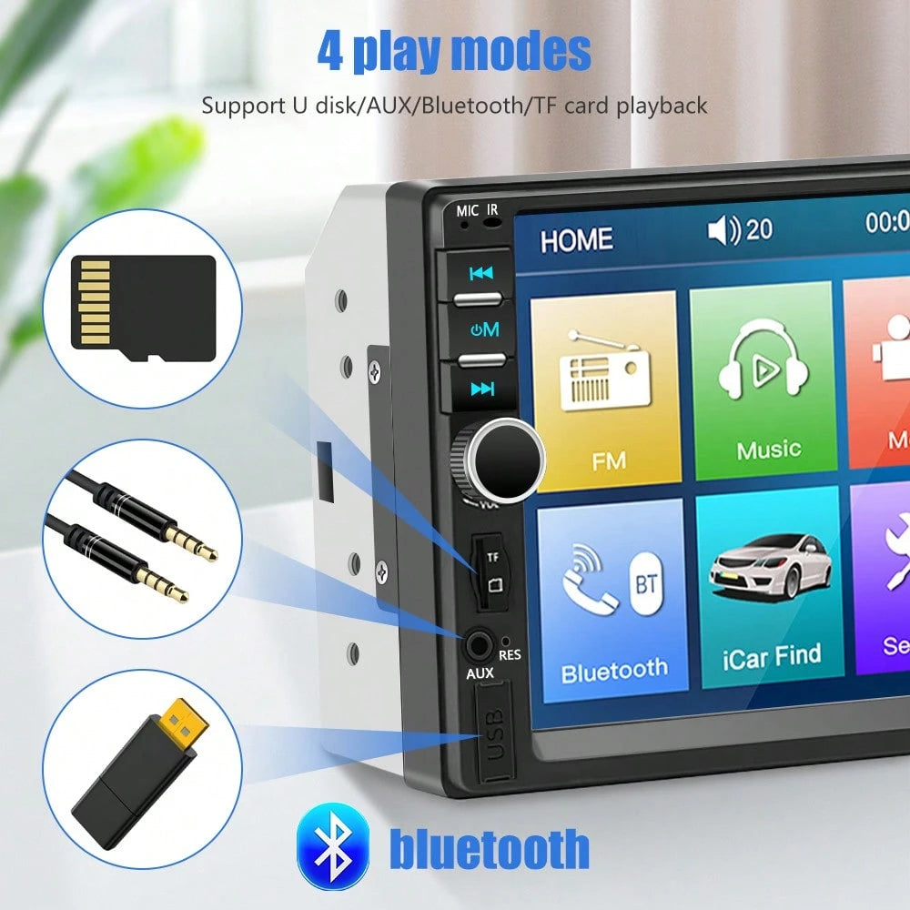 1Pc Black 7 Inch Car MP5 Player, HD Touchscreen Stereo Radio With Bluetooth, MirrorLink And Backup Camera. 45W*4 Power, Supports FM, USB, AUX & Steering Wheel Control, Universal 12V-24V Multimedia Uni