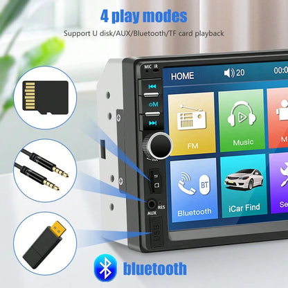 1Pc Black 7 Inch Car MP5 Player, HD Touchscreen Stereo Radio With Bluetooth, MirrorLink And Backup Camera. 45W*4 Power, Supports FM, USB, AUX & Steering Wheel Control, Universal 12V-24V Multimedia Uni
