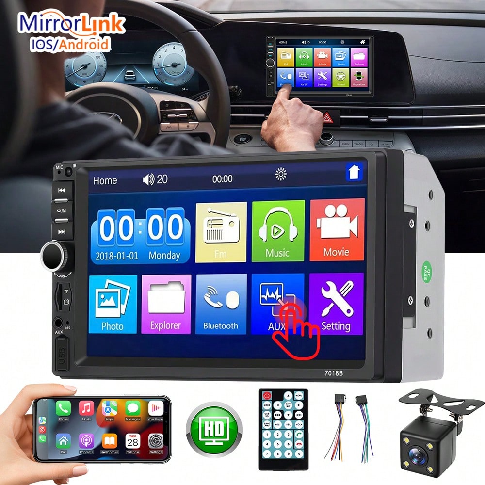 1Pc Black 7 Inch Car MP5 Player, HD Touchscreen Stereo Radio With Bluetooth, MirrorLink And Backup Camera. 45W*4 Power, Supports FM, USB, AUX & Steering Wheel Control, Universal 12V-24V Multimedia Uni