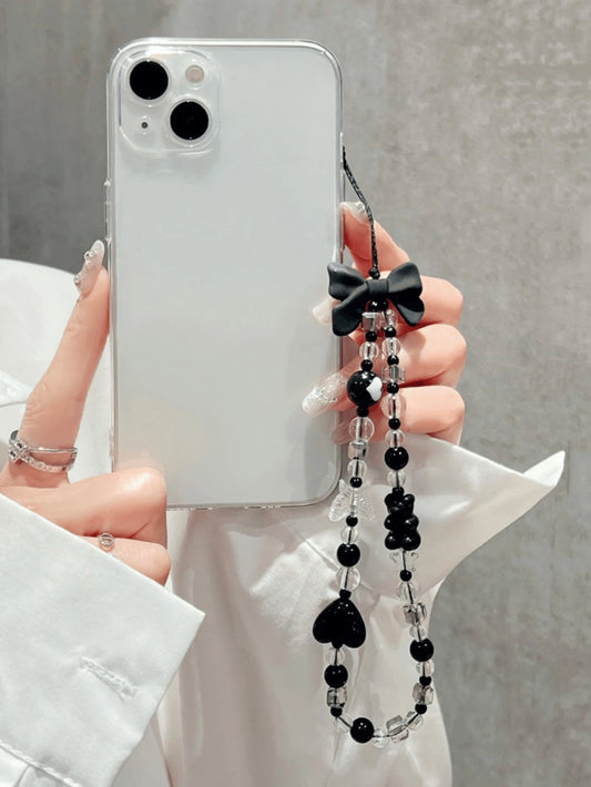 1pc Black Heart-Shaped Ball Bow Detail Polka Dot Style Matte Black Bowknot Lovely And Lively Youthful Simple Style Mobile Phone Chain Keychain Earphone Cord Lovely And Lively Youthful Tulip Pearl Colo