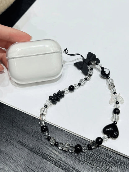 1pc Black Heart-Shaped Ball Bow Detail Polka Dot Style Matte Black Bowknot Lovely And Lively Youthful Simple Style Mobile Phone Chain Keychain Earphone Cord Lovely And Lively Youthful Tulip Pearl Colo