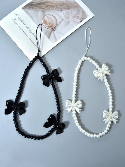 1pc Black Minimalist Handmade Beaded Bow Lanyard, Versatile For Phone Case, Bag, Earphones, Camera