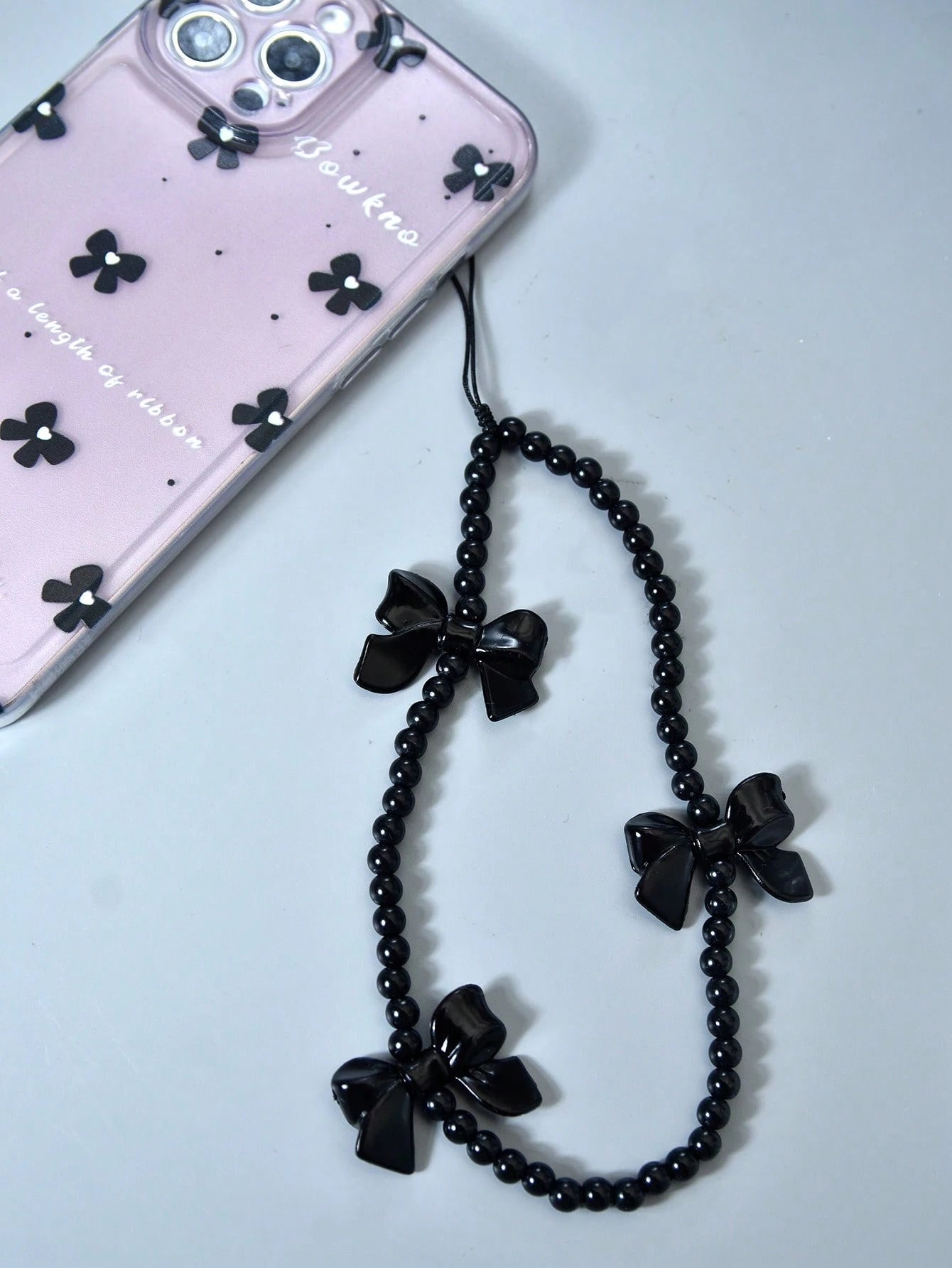 1pc Black Minimalist Handmade Beaded Bow Lanyard, Versatile For Phone Case, Bag, Earphones, Camera