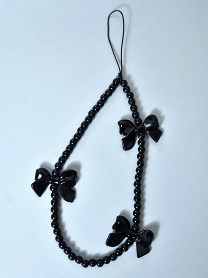 1pc Black Minimalist Handmade Beaded Bow Lanyard, Versatile For Phone Case, Bag, Earphones, Camera