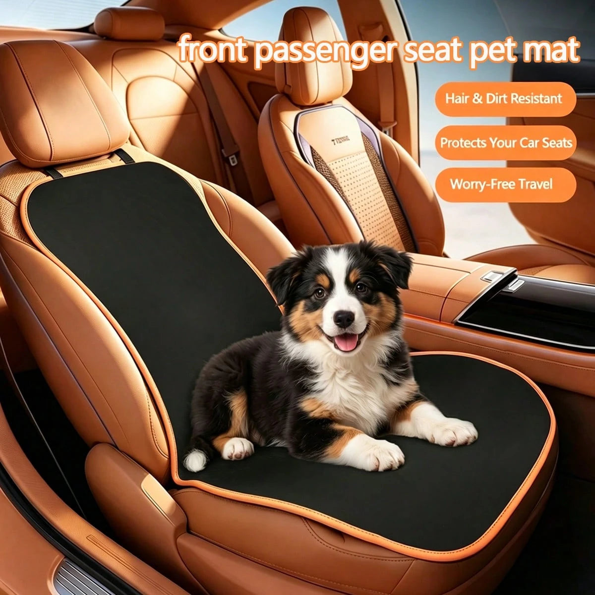 1pc Black/Orange Car Front Seat Pet Mat, Universal Fit Car Seat Protector, Easy To Clean Dog Mat For Front Car Seat