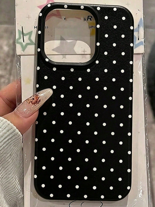 1pc Black Polka Dot UV Printed Pattern Design Leather Texture Phone Case, Shockproof