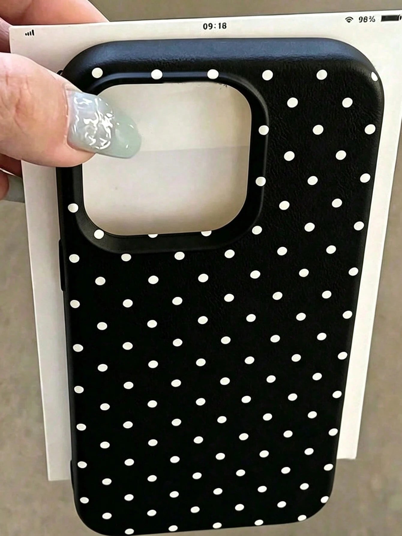1pc Black Polka Dot UV Printed Pattern Design Leather Texture Phone Case