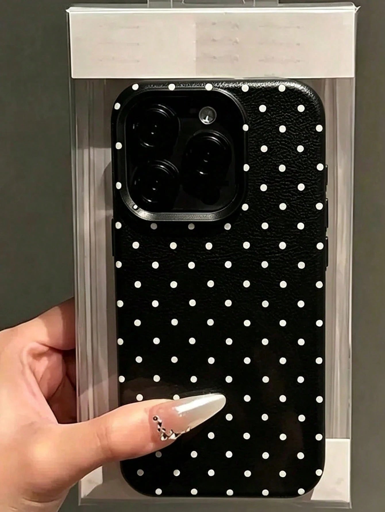 1pc Black Polka Dot UV Printed Pattern Design Leather Texture Phone Case, Shockproof