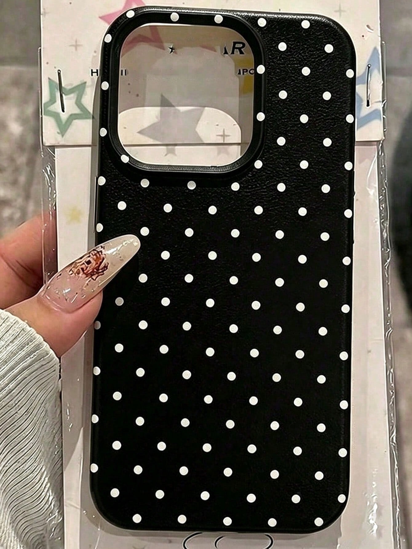 1pc Black Polka Dot UV Printed Pattern Design Leather Texture Phone Case