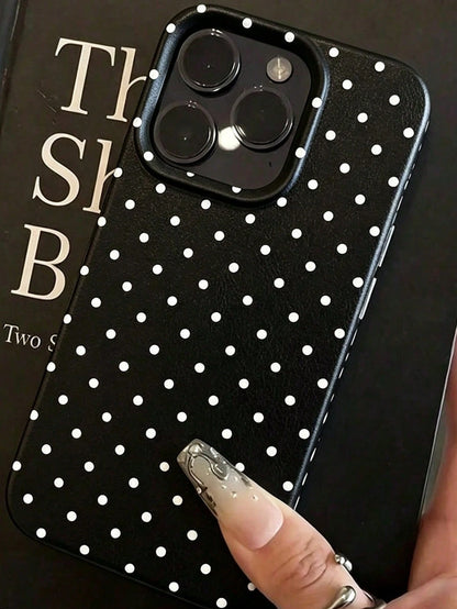 1pc Black Polka Dot UV Printed Pattern Design Leather Texture Phone Case, Shockproof