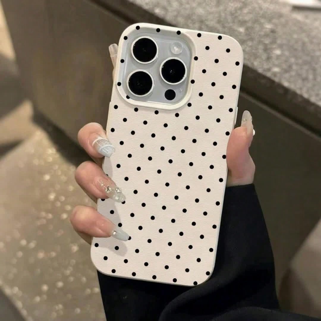 1pc Black Polka Dot UV Printed Pattern Design Leather Texture Phone Case, Shockproof