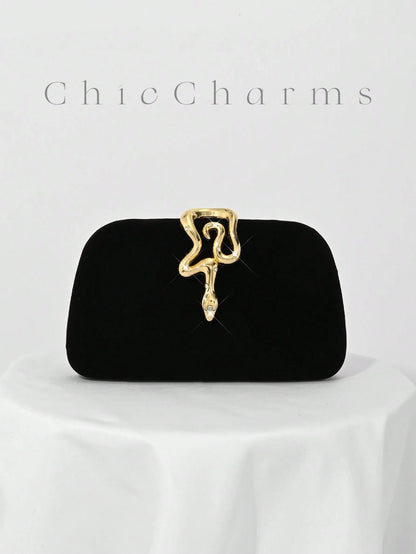 1pc Black Velvet, Small Clutch Bag, Rhinestone Chain Decor Snakehead Lock For Evening Dress, Suitable For Formal Dinner, Party, Wedding, Cocktail