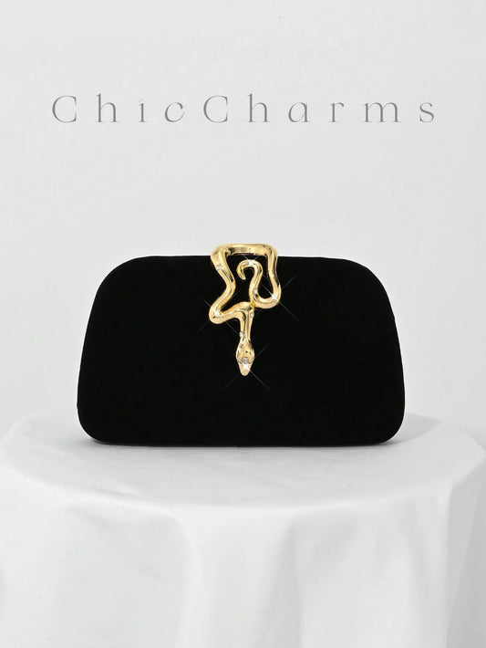 1pc Black Velvet, Small Clutch Bag, Rhinestone Chain Decor Snakehead Lock For Evening Dress, Suitable For Formal Dinner, Party, Wedding, Cocktail
