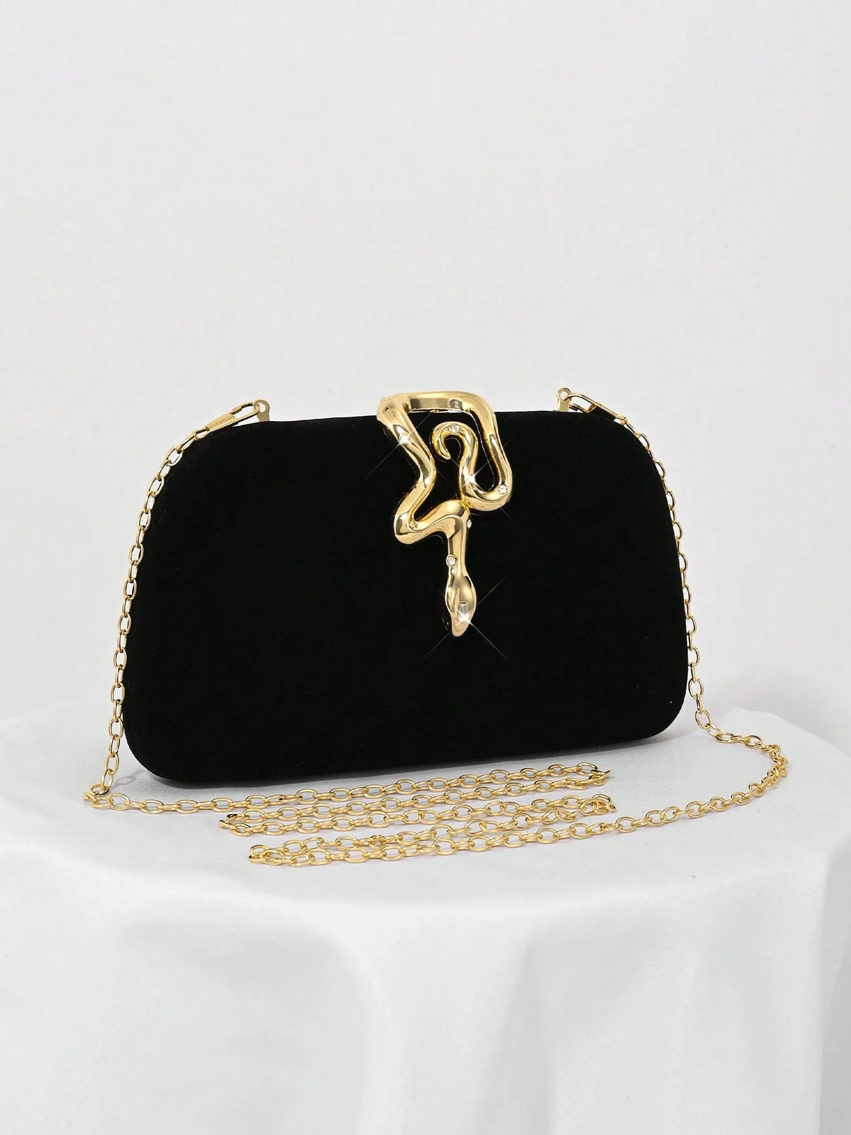 1pc Black Velvet, Small Clutch Bag, Rhinestone Chain Decor Snakehead Lock For Evening Dress, Suitable For Formal Dinner, Party, Wedding, Cocktail