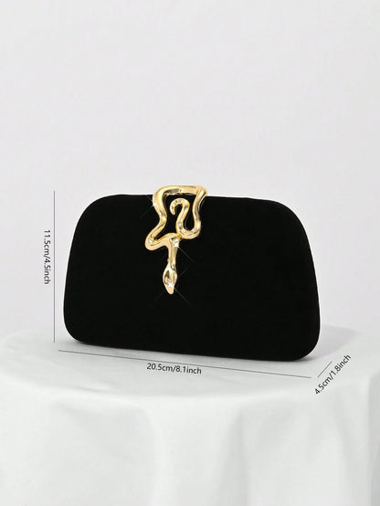 1pc Black Velvet, Small Clutch Bag, Rhinestone Chain Decor Snakehead Lock For Evening Dress, Suitable For Formal Dinner, Party, Wedding, Cocktail