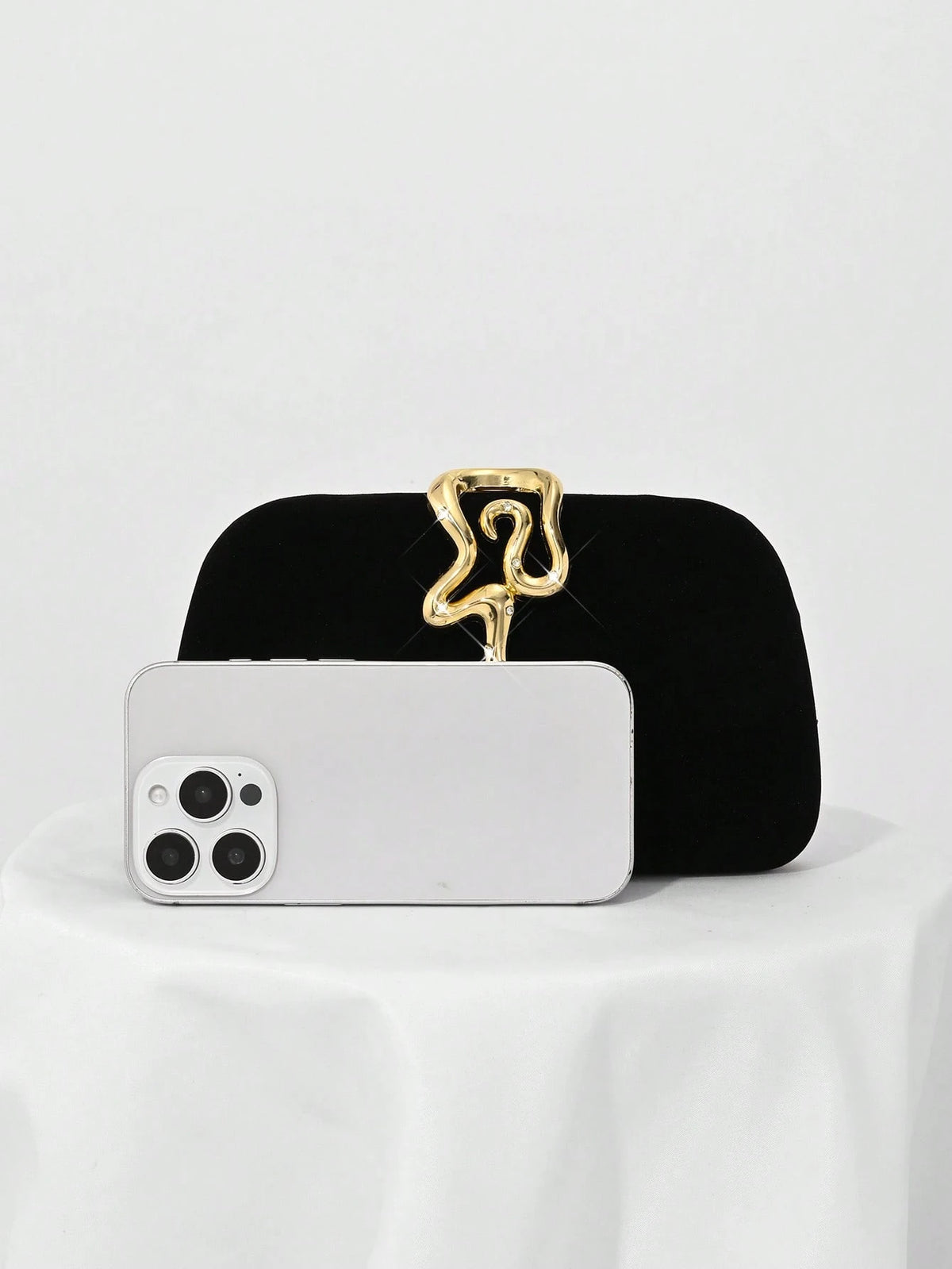 1pc Black Velvet, Small Clutch Bag, Rhinestone Chain Decor Snakehead Lock For Evening Dress, Suitable For Formal Dinner, Party, Wedding, Cocktail