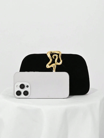 1pc Black Velvet, Small Clutch Bag, Rhinestone Chain Decor Snakehead Lock For Evening Dress, Suitable For Formal Dinner, Party, Wedding, Cocktail