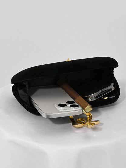 1pc Black Velvet, Small Clutch Bag, Rhinestone Chain Decor Snakehead Lock For Evening Dress, Suitable For Formal Dinner, Party, Wedding, Cocktail