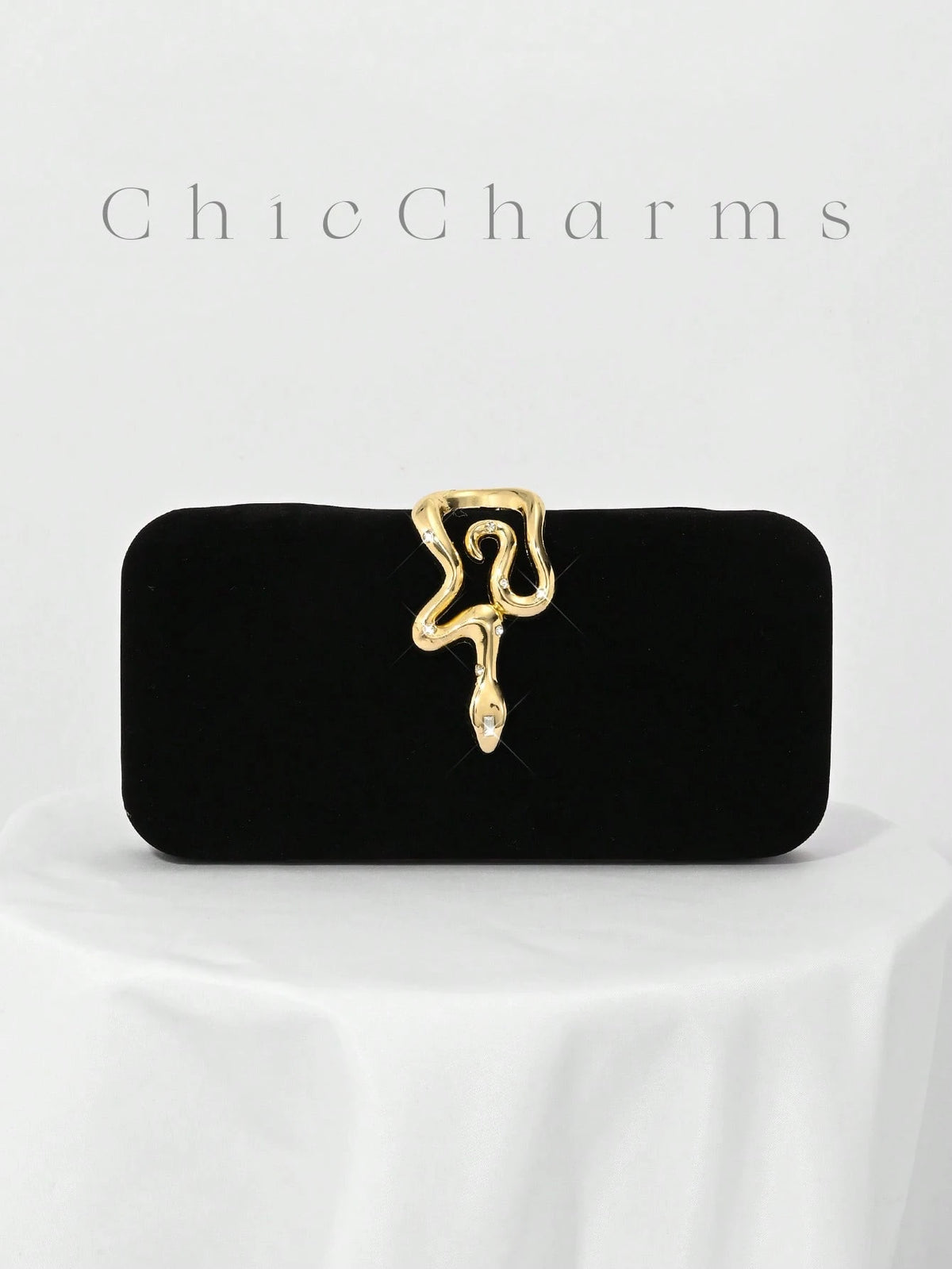 1pc Black Velvet, Small Clutch Bag, Rhinestone Chain Decor Snakehead Lock For Evening Dress, Suitable For Formal Dinner, Party, Wedding, Cocktail