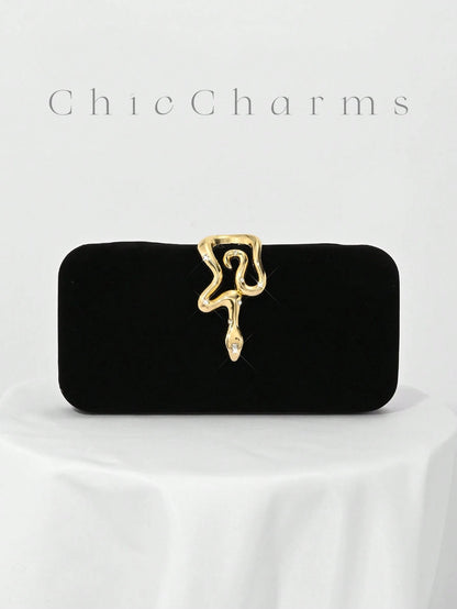1pc Black Velvet, Small Clutch Bag, Rhinestone Chain Decor Snakehead Lock For Evening Dress, Suitable For Formal Dinner, Party, Wedding, Cocktail
