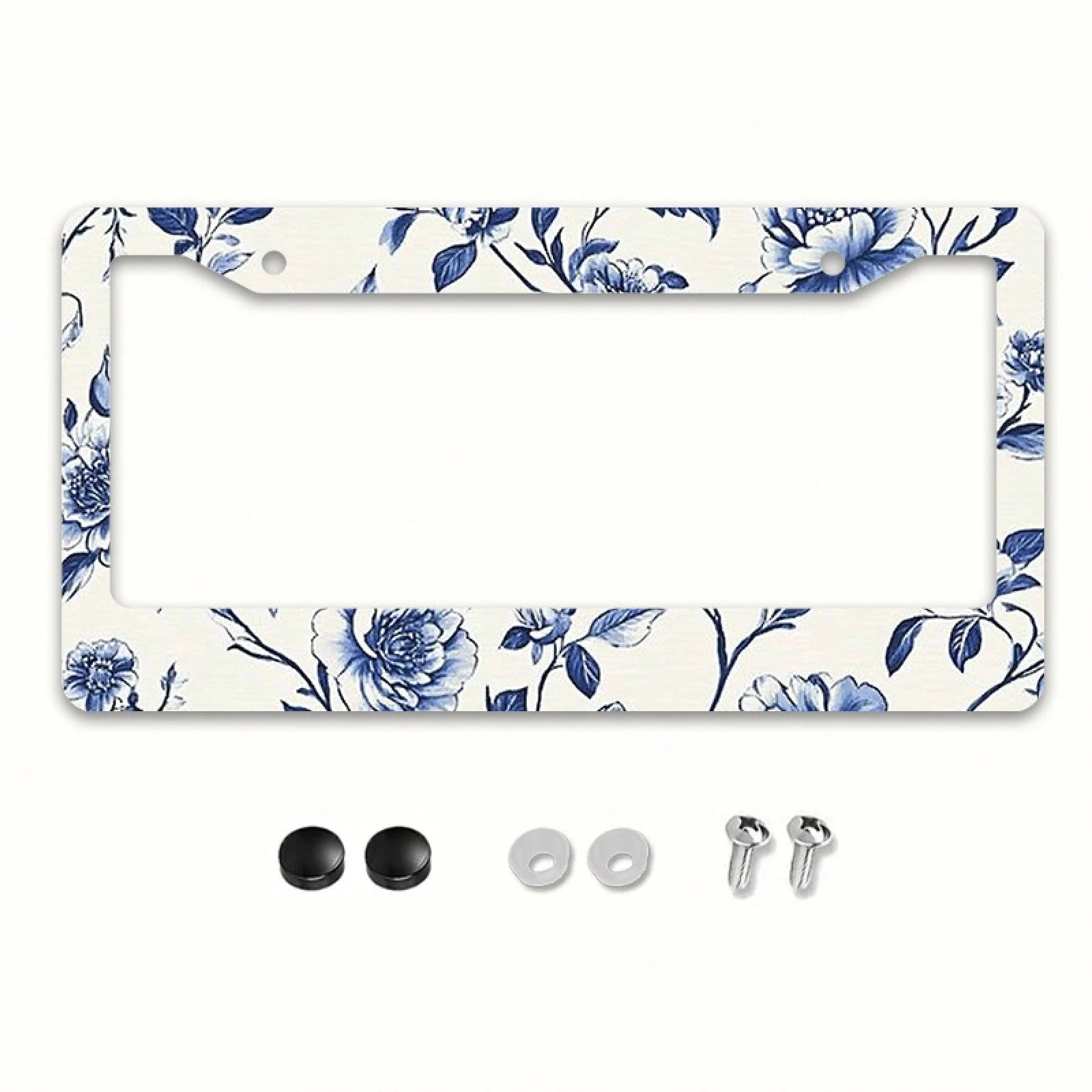 1pc Blue & White Peony Metal License Plate Frame,Universal Fit For US & Most Vehicles, With Mounting Screws, Car Exterior Decor Accessory, Ideal For Easter, 12x6 Inch,Car Must Haves,Car Decor,Car Cove