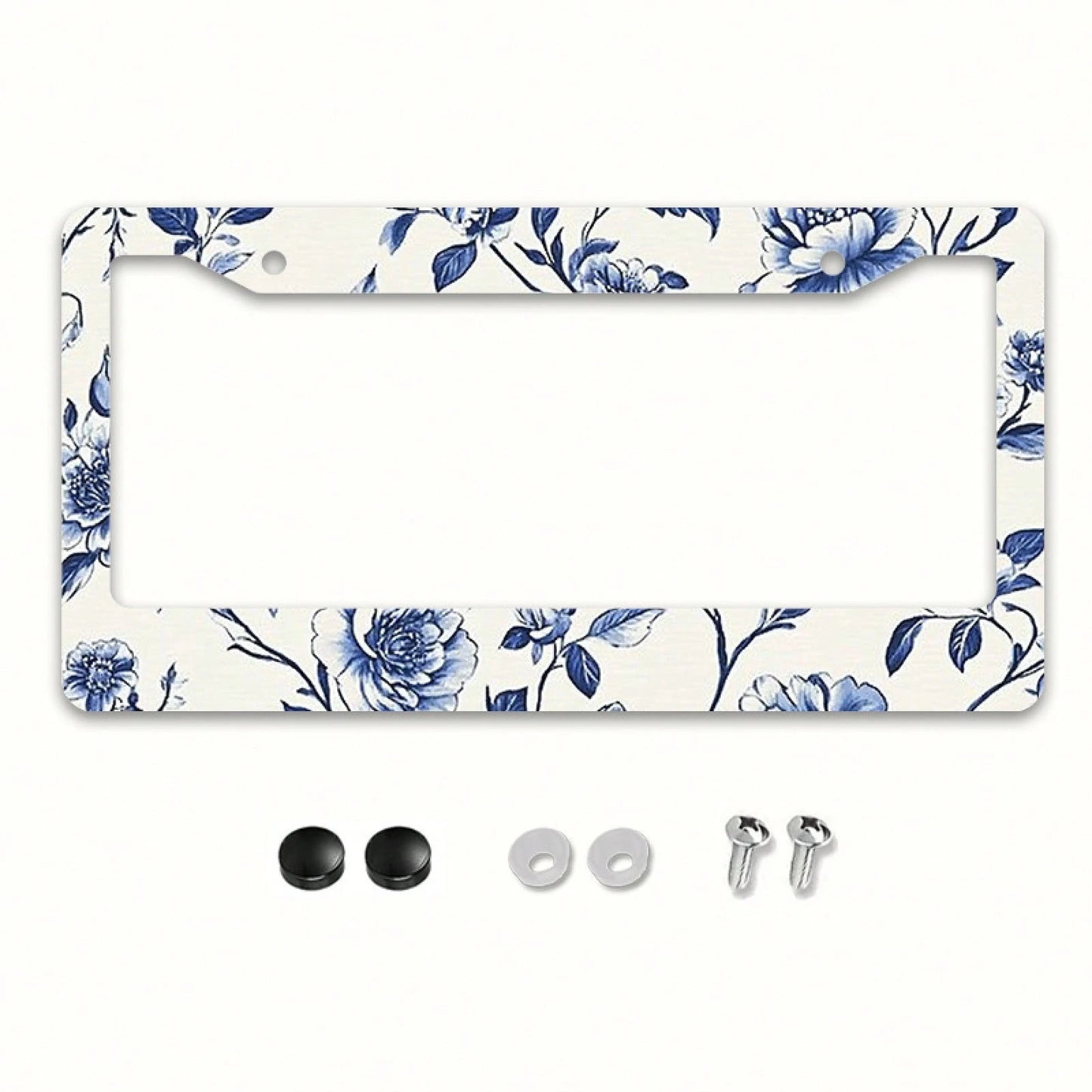 1pc Blue & White Peony Metal License Plate Frame,Universal Fit For US & Most Vehicles, With Mounting Screws, Car Exterior Decor Accessory, Ideal For Easter, 12x6 Inch,Car Must Haves,Car Decor,Car Cove