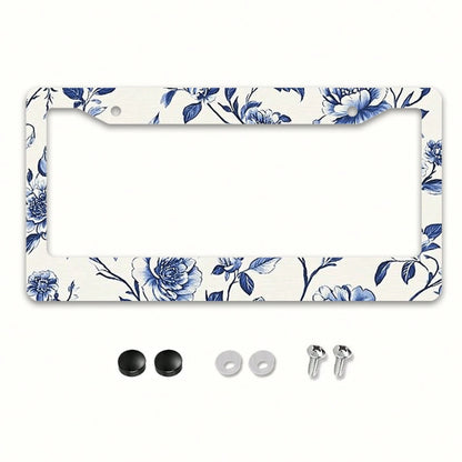 1pc Blue & White Peony Metal License Plate Frame,Universal Fit For US & Most Vehicles, With Mounting Screws, Car Exterior Decor Accessory, Ideal For Easter, 12x6 Inch,Car Must Haves,Car Decor,Car Cove